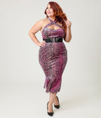 Elvira x Unique Vintage Plus Size Pink Leopard Signature Velvet Pencil Dress - Unique Vintage - Womens, DRESSES, WIGGLE