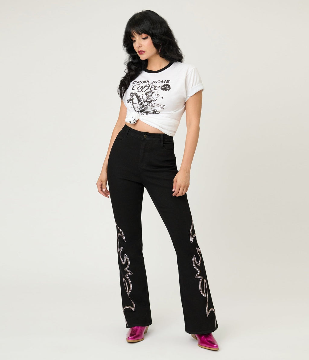 Embellished Black Denim Pants - Unique Vintage - Womens, BOTTOMS, PANTS
