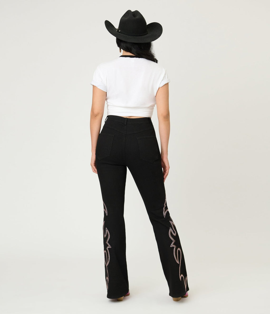 Embellished Black Denim Pants - Unique Vintage - Womens, BOTTOMS, PANTS