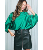 Emerald Floral Sleeve Satin Blouse - Unique Vintage - Womens, TOPS, SHIRTS