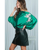 Emerald Floral Sleeve Satin Blouse - Unique Vintage - Womens, TOPS, SHIRTS
