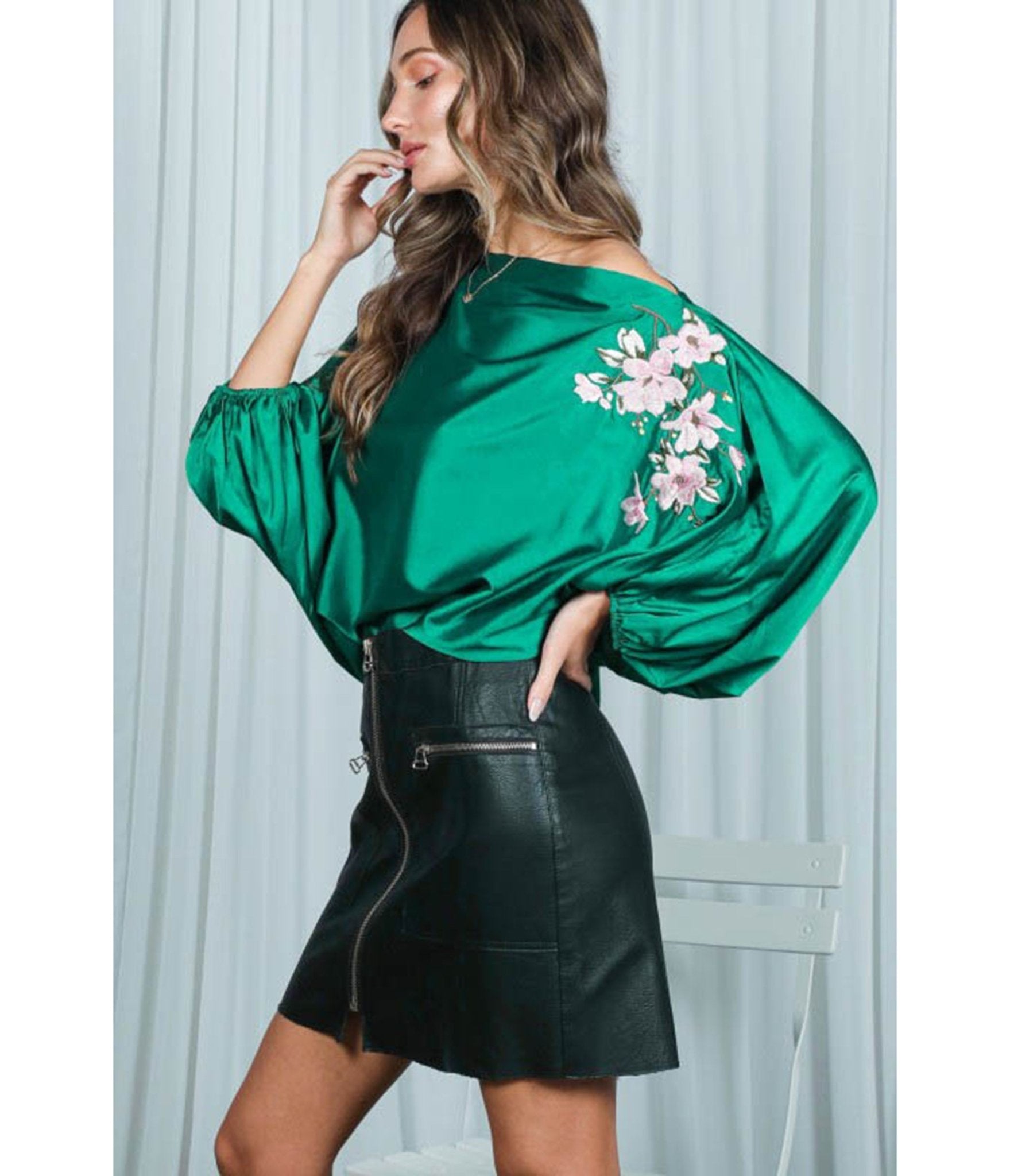 Emerald Floral Sleeve Satin Blouse - Unique Vintage - Womens, TOPS, SHIRTS