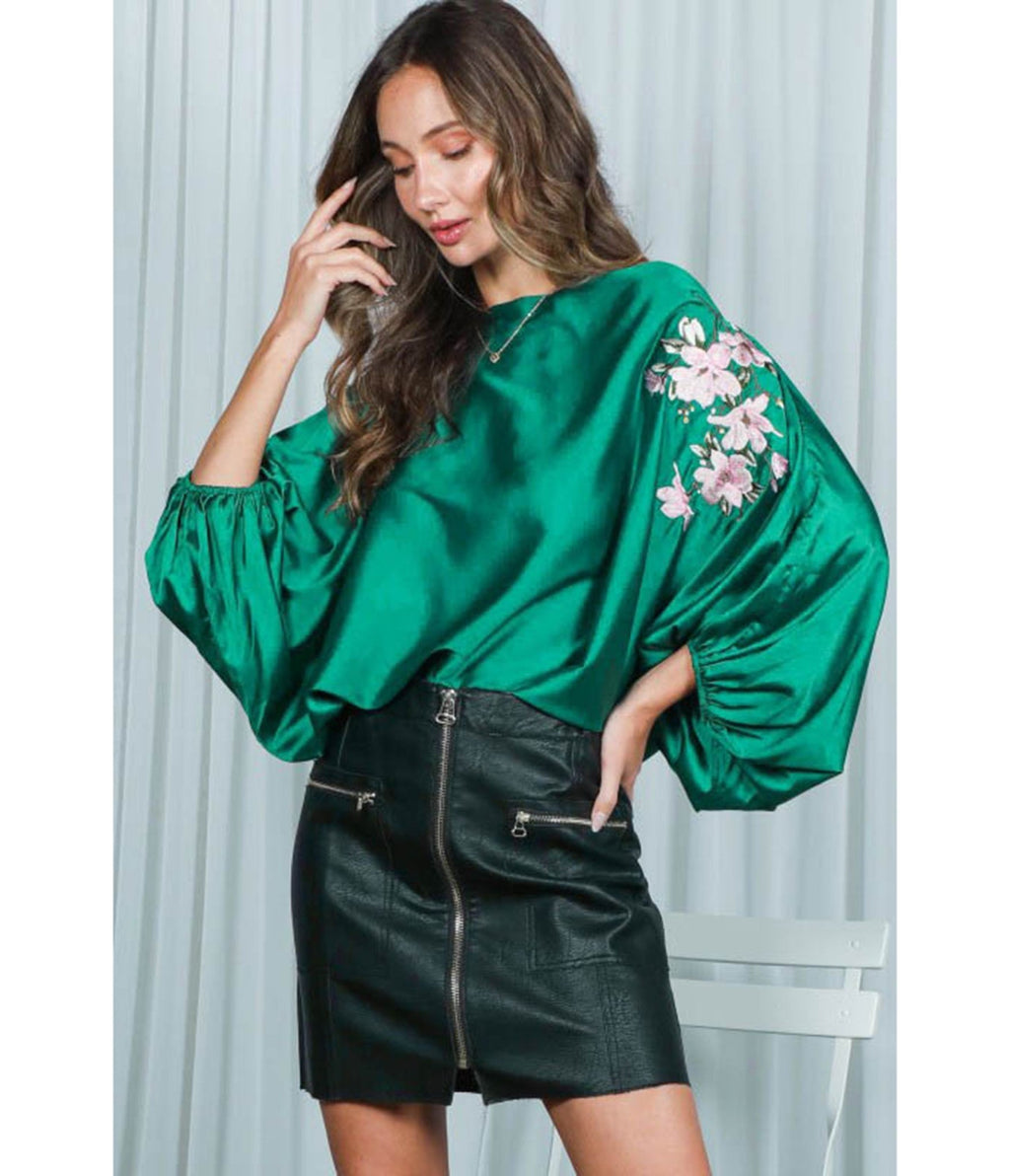 Emerald Floral Sleeve Satin Blouse - Unique Vintage - Womens, TOPS, SHIRTS