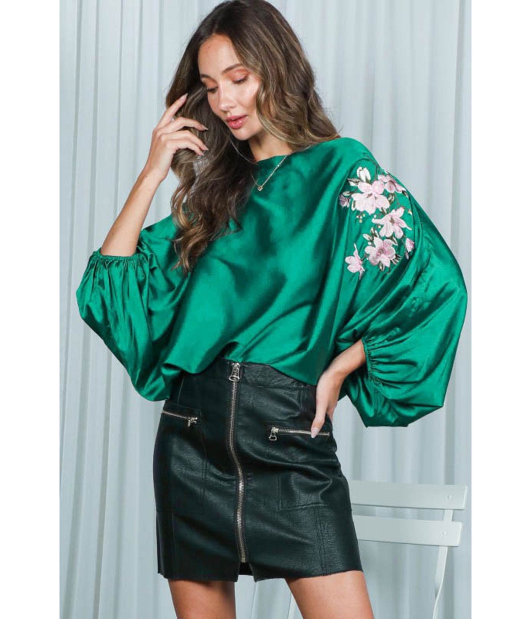 Emerald Floral Sleeve Satin Blouse - Unique Vintage - Womens, TOPS, SHIRTS
