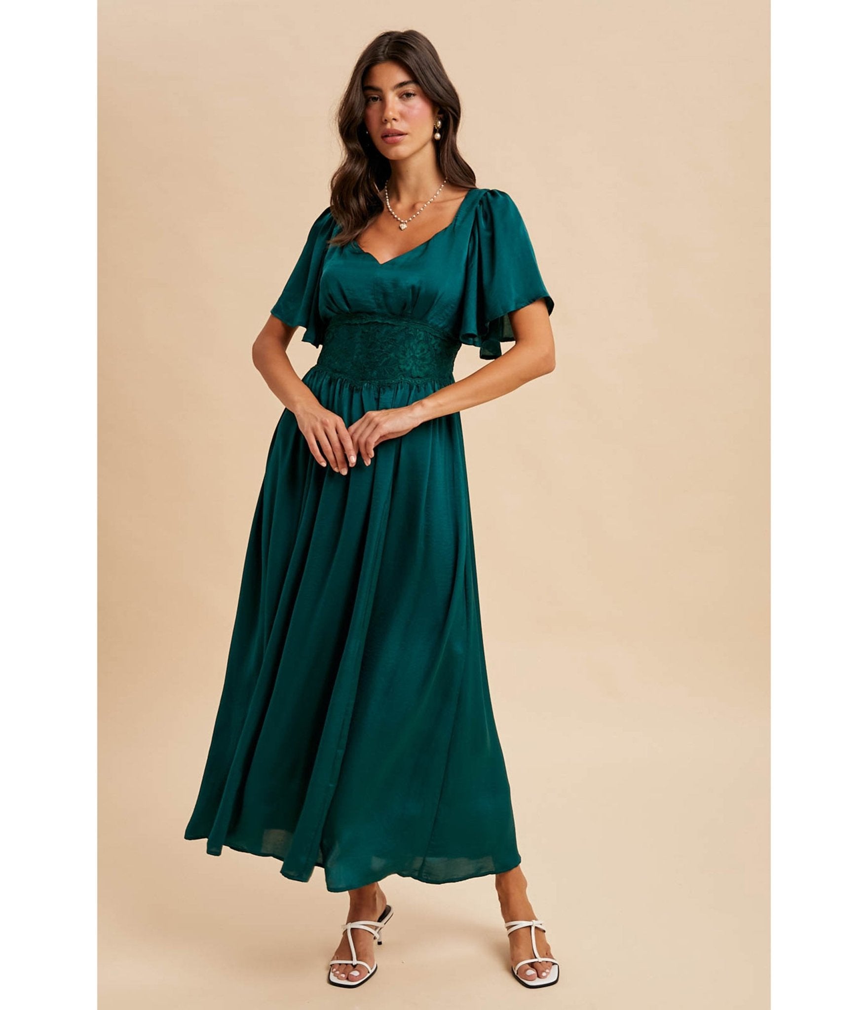 Emerald Flutter Sleeve Maxi Dress - Unique Vintage - Womens, DRESSES, MAXI