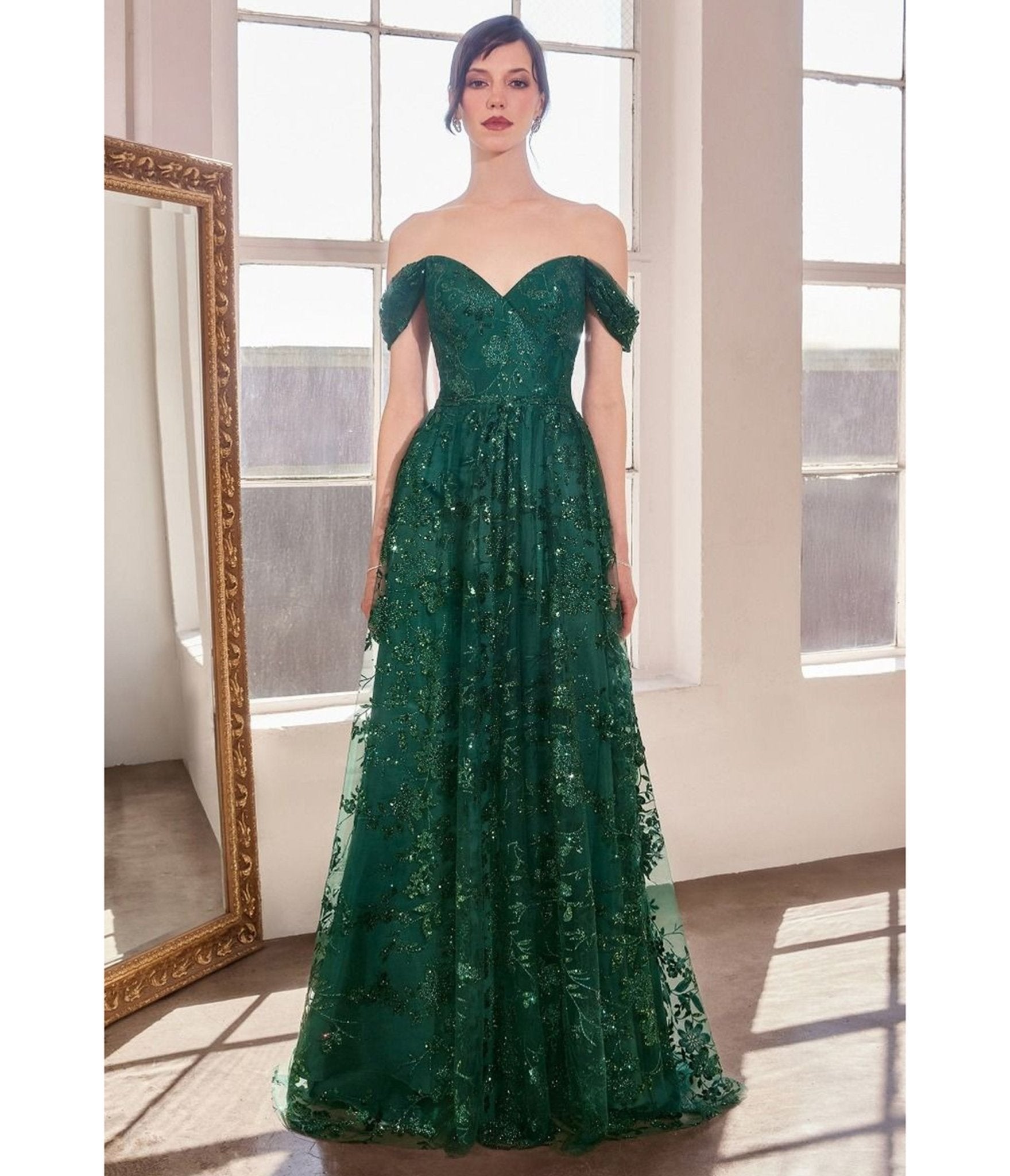 Emerald Glitter Floral Prom Gown - Unique Vintage - Womens, DRESSES, PROM AND SPECIAL OCCASION