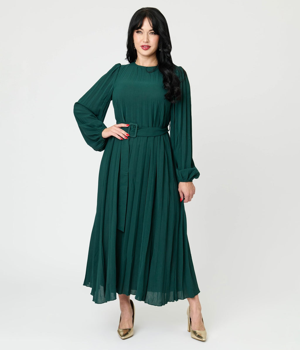 Emerald Green Pleated Maxi Dress - Unique Vintage - Womens, DRESSES, MAXI