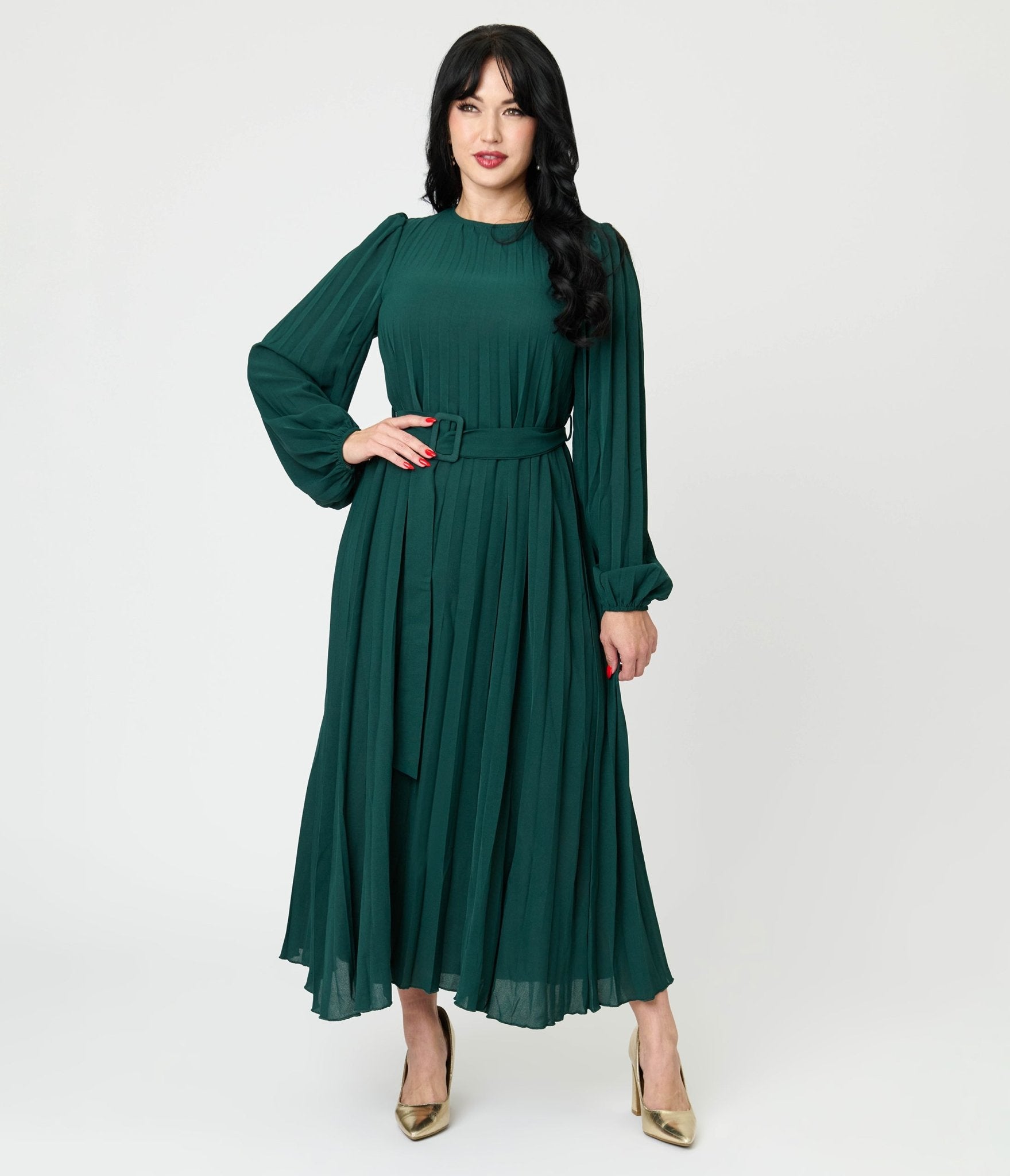 Emerald Green Pleated Maxi Dress - Unique Vintage - Womens, DRESSES, MAXI