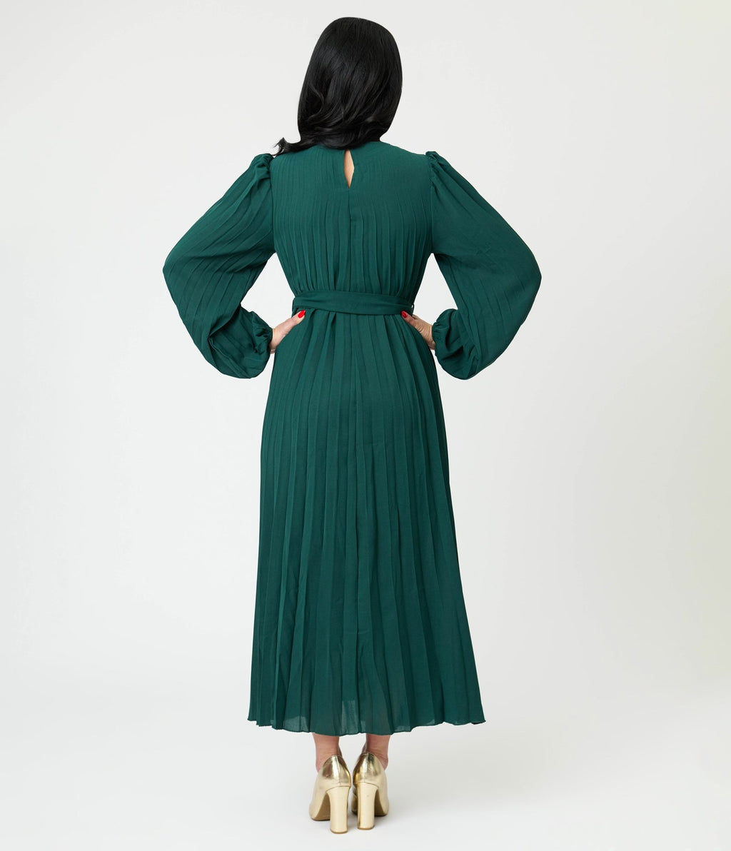 Emerald Green Pleated Maxi Dress - Unique Vintage - Womens, DRESSES, MAXI
