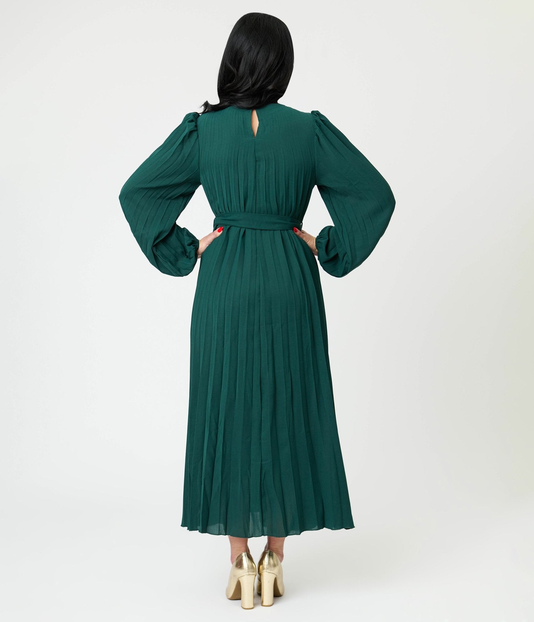 Emerald Green Pleated Maxi Dress - Unique Vintage - Womens, DRESSES, MAXI