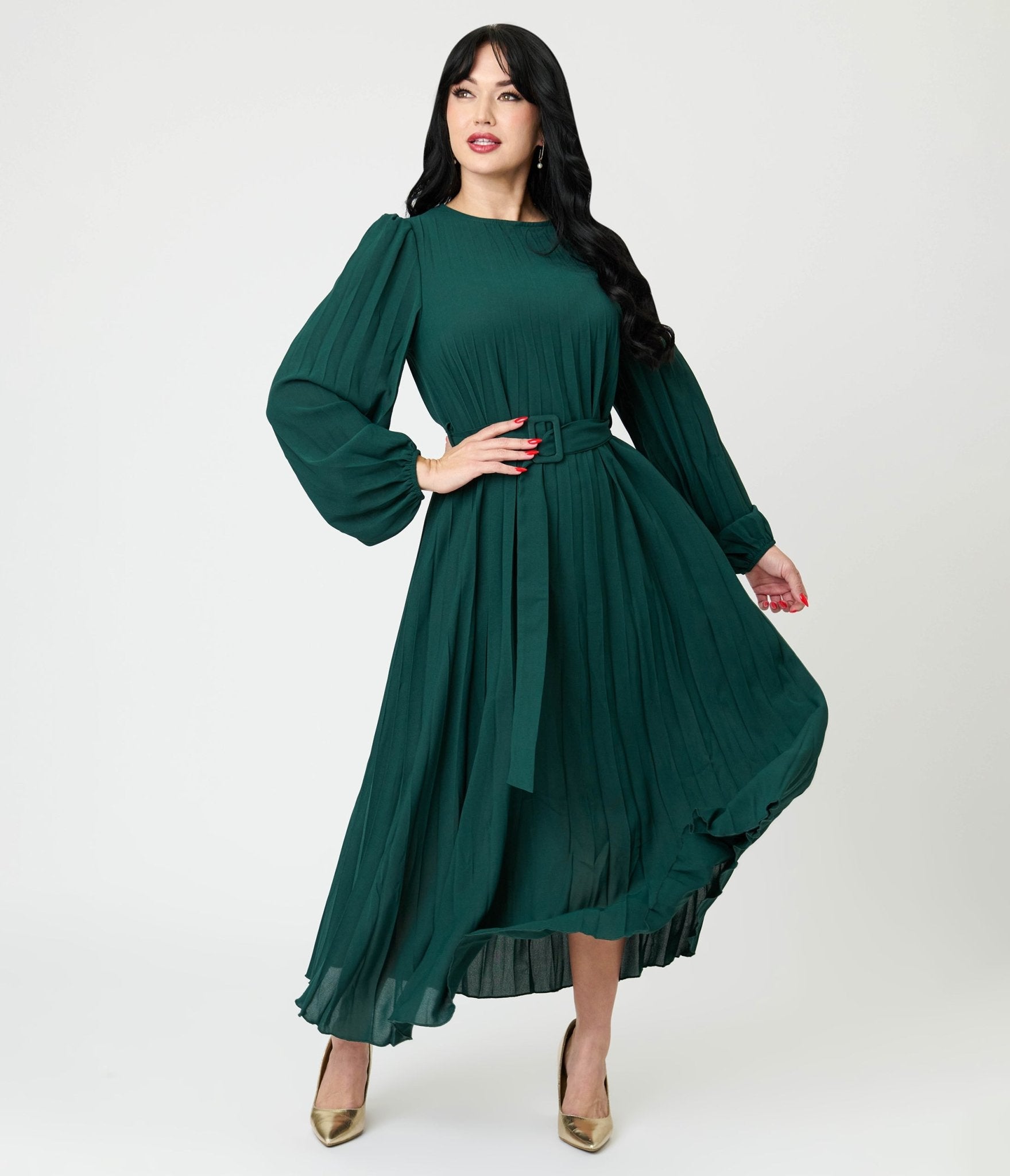 Emerald Green Pleated Maxi Dress - Unique Vintage - Womens, DRESSES, MAXI