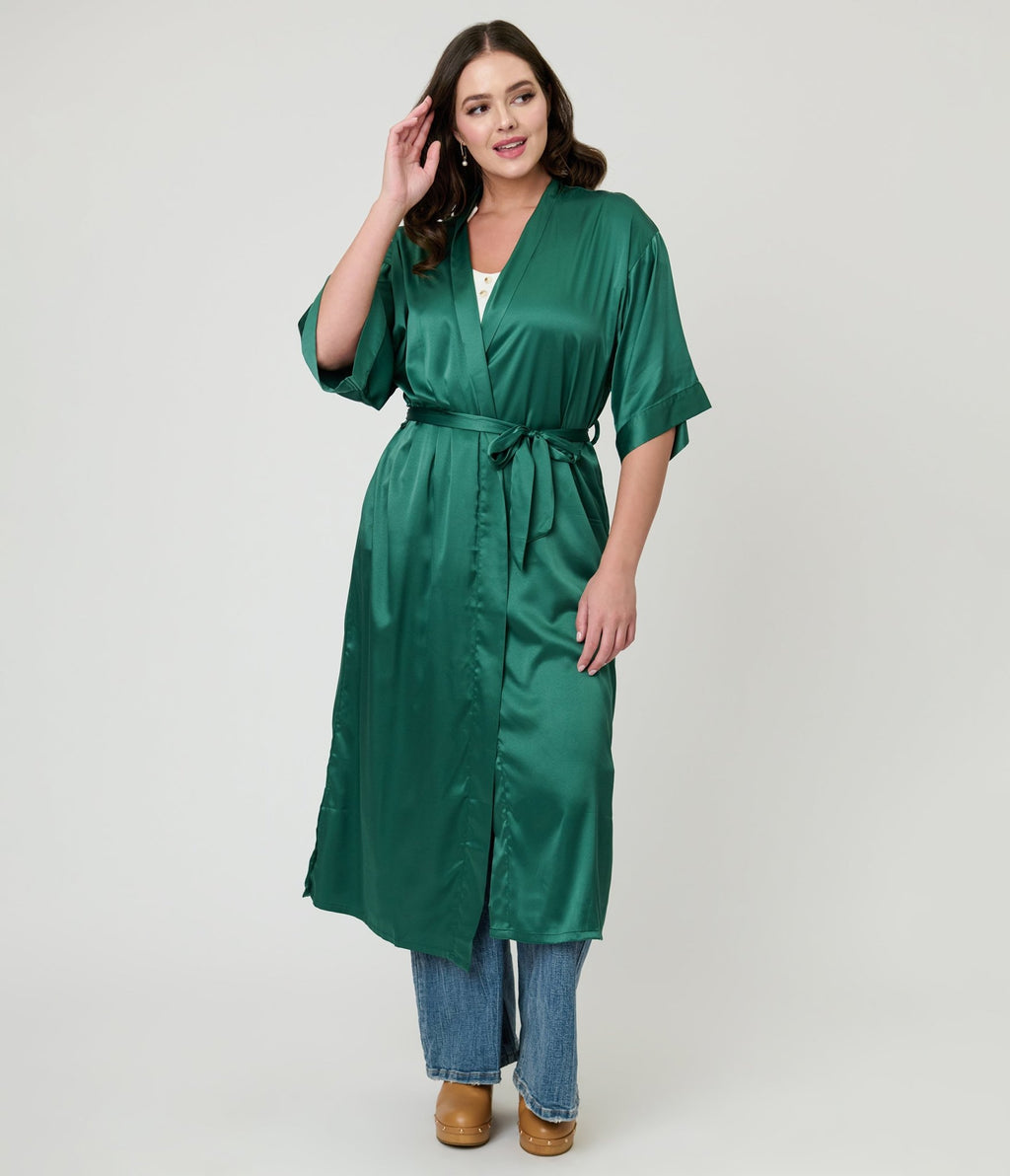 Emerald Green Satin Kimono - Unique Vintage - Womens, TOPS, OUTERWEAR