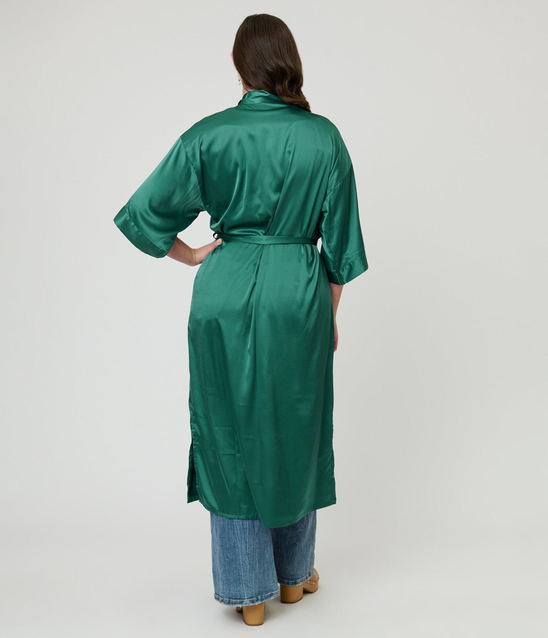 Emerald Green Satin Kimono - Unique Vintage - Womens, TOPS, OUTERWEAR