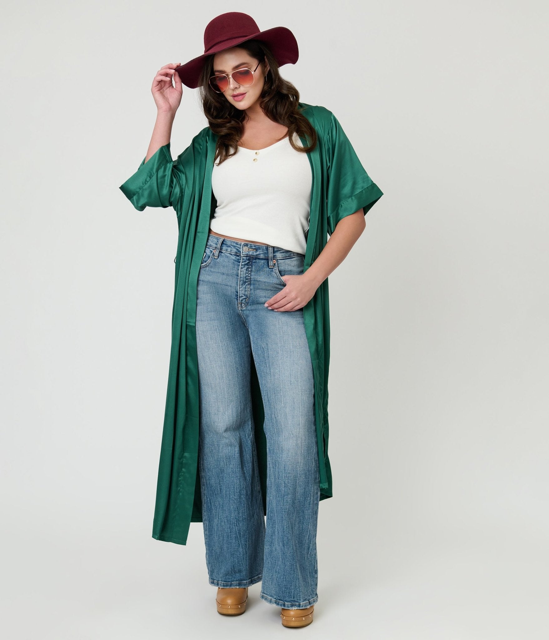 Emerald Green Satin Kimono - Unique Vintage - Womens, TOPS, OUTERWEAR