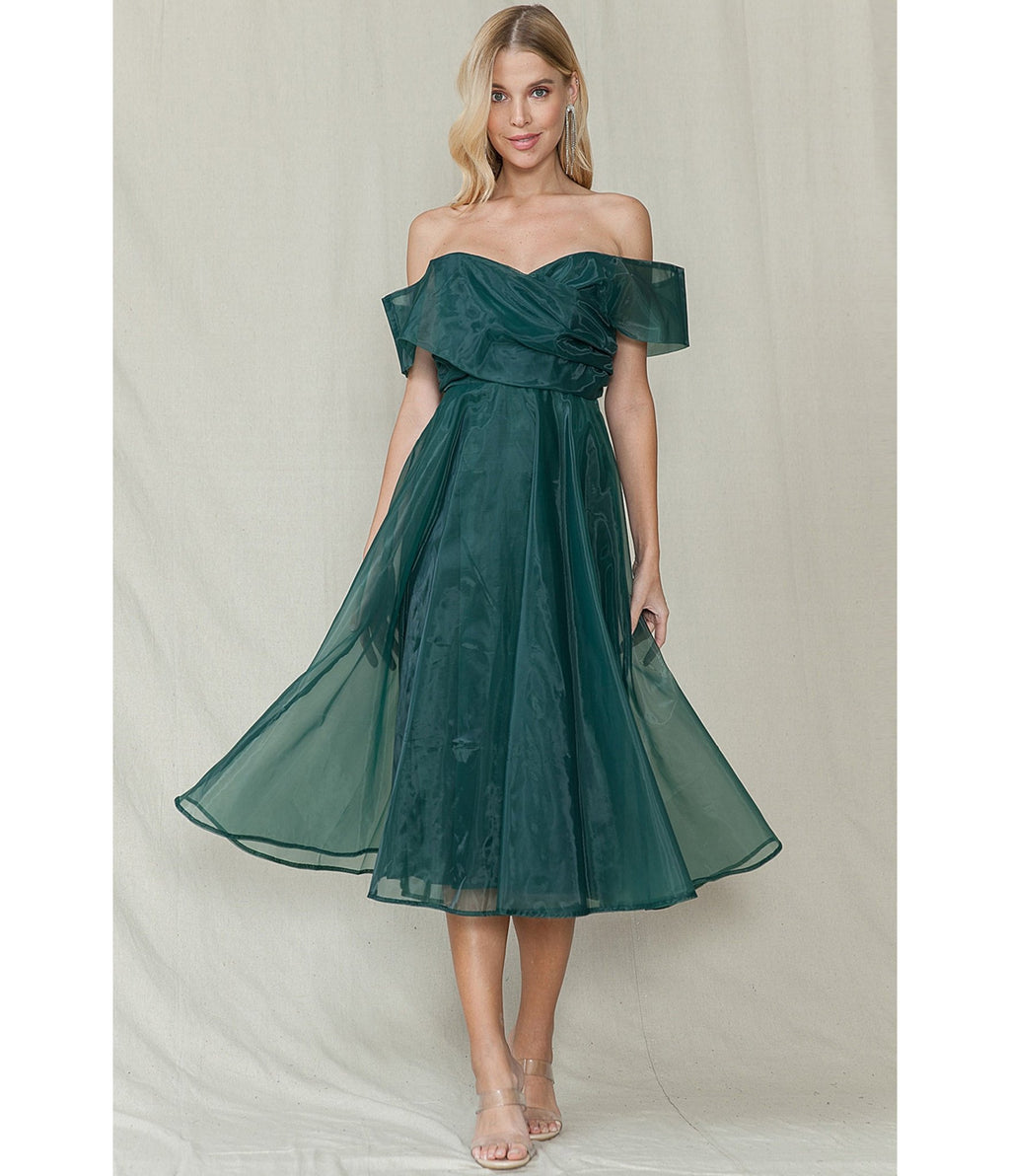 Emerald Off the Shoulder Midi Dress - Unique Vintage - Womens, DRESSES, A - LINE
