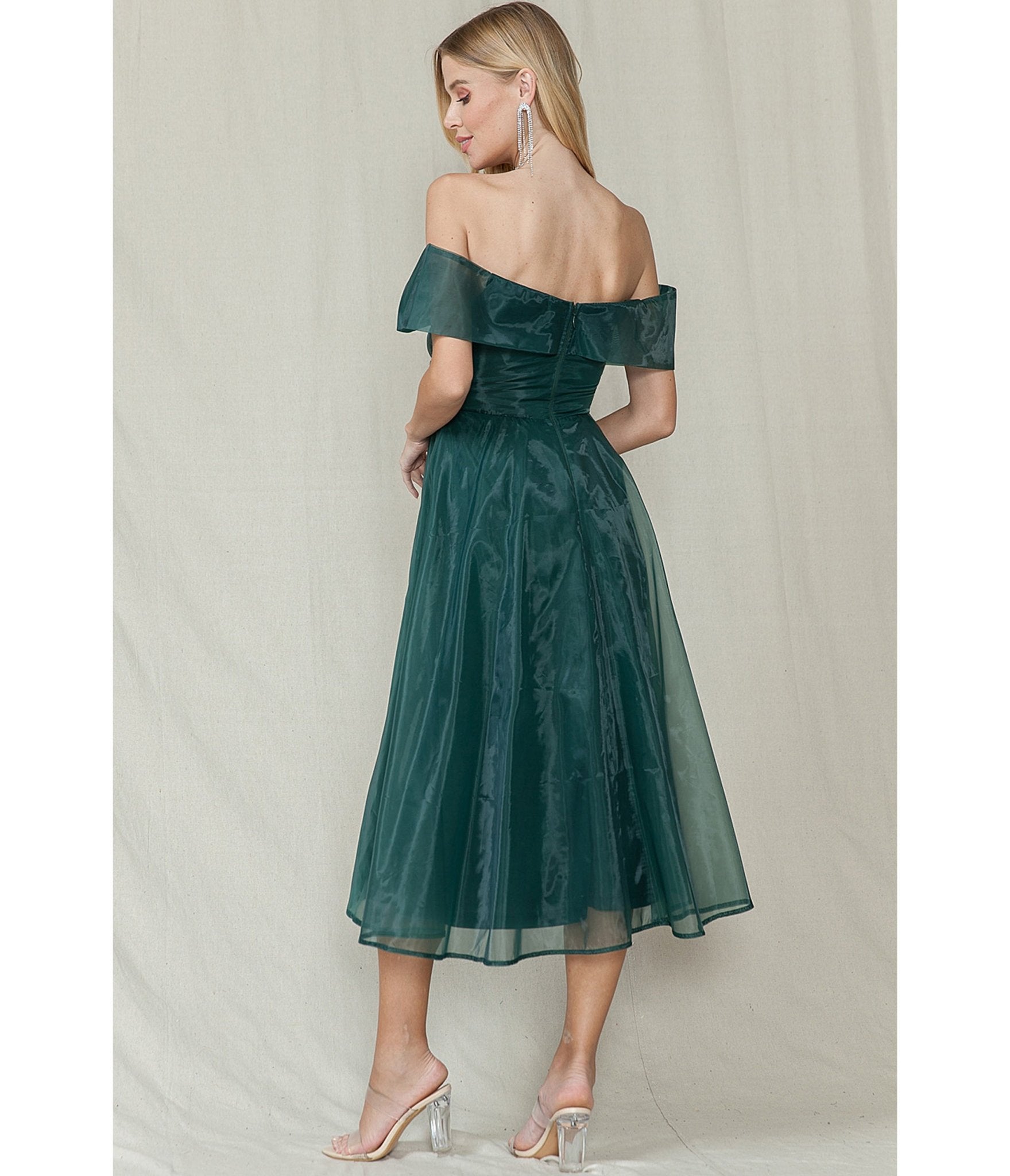 Emerald Off the Shoulder Midi Dress - Unique Vintage - Womens, DRESSES, A - LINE