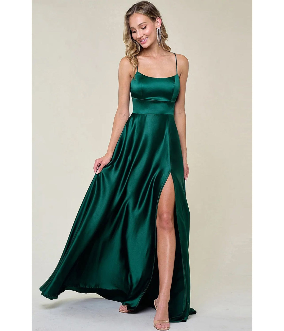 Emerald Satin Lace-Up Back A-Line Maxi Dress - Unique Vintage - Maxi Dresses