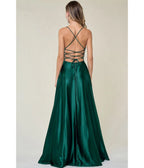 Emerald Satin Lace-Up Back A-Line Maxi Dress - Unique Vintage - Maxi Dresses