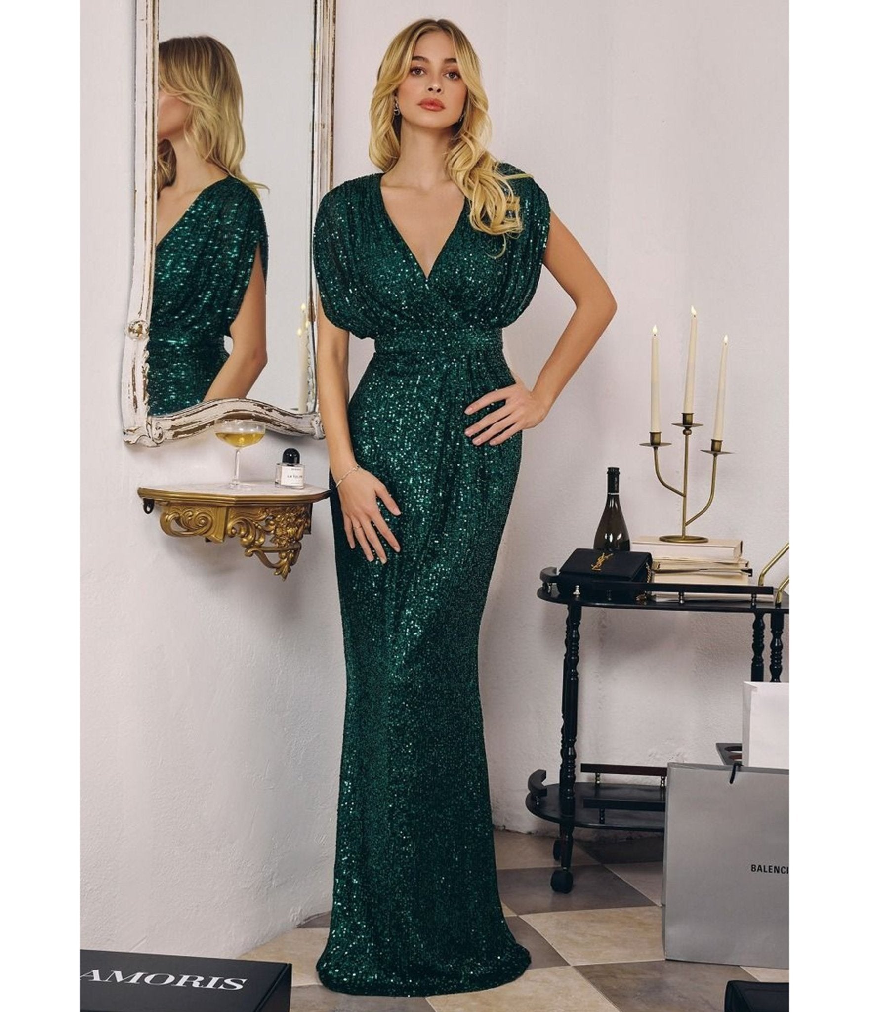 Emerald Sequin Formal Gown - Unique Vintage - Womens, DRESSES, PROM AND SPECIAL OCCASION