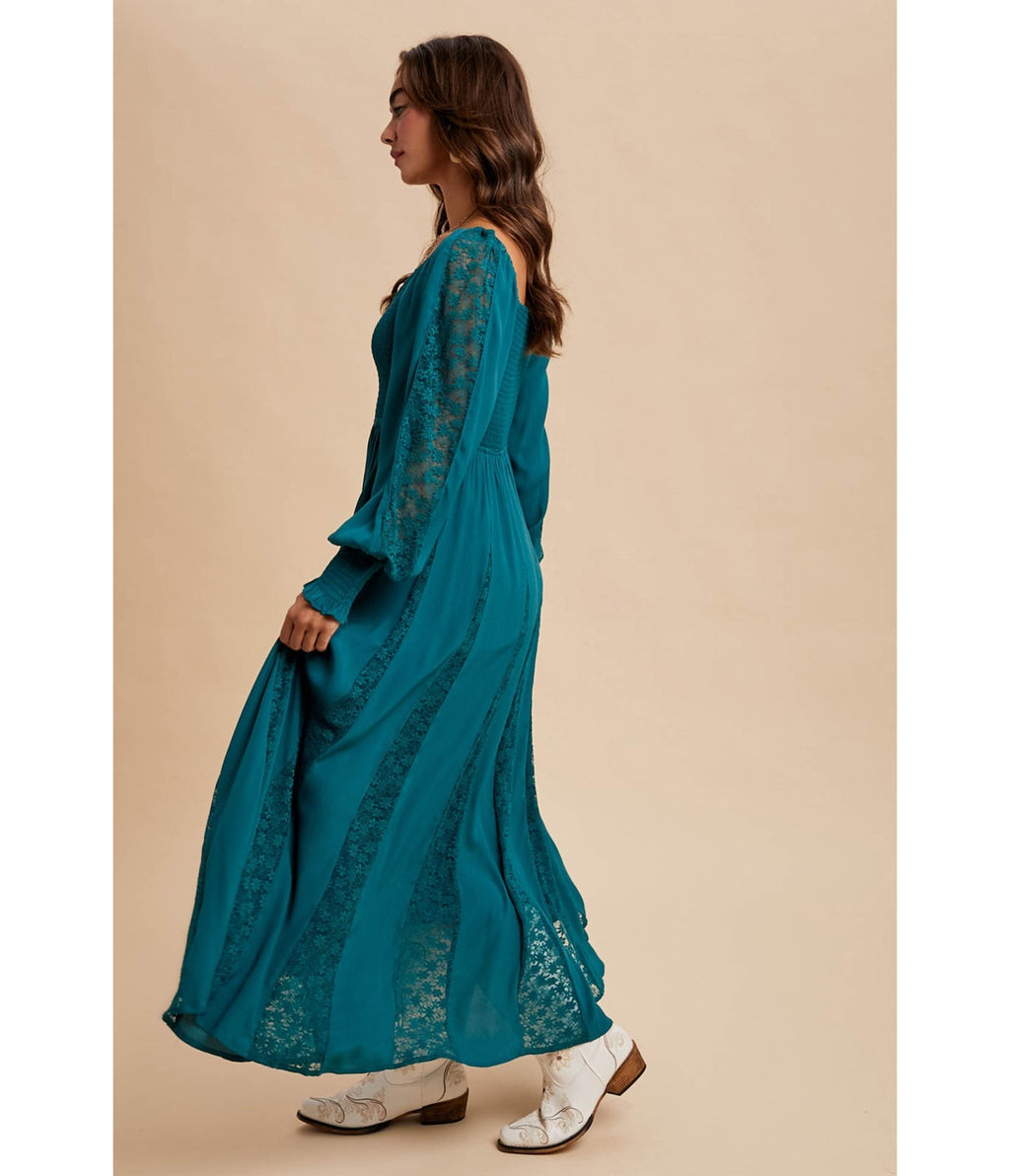 Emerald Smocked Lace Inset Maxi Dress - Unique Vintage - Womens, DRESSES, MAXI