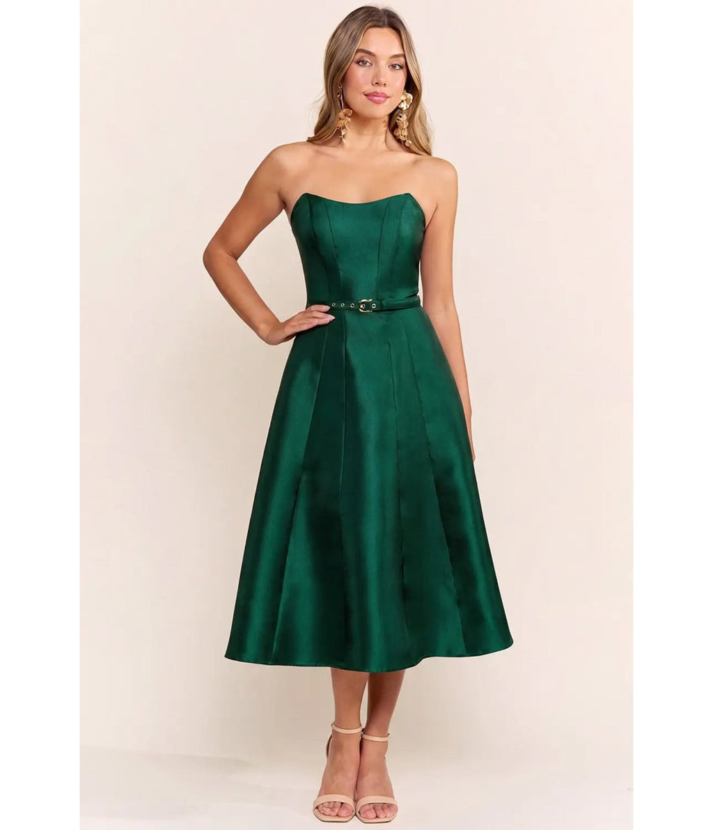 Emerald Strapless Belted Midi Dress - Unique Vintage - Midi Dresses