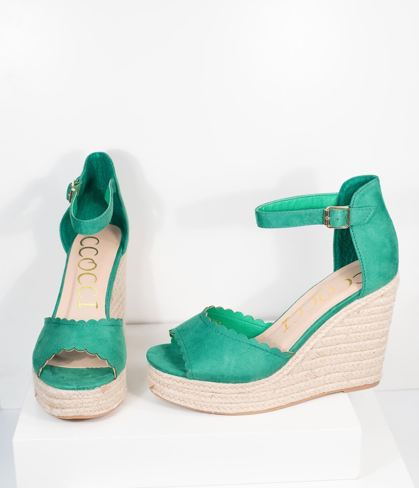 Emerald Suede Peep Toe Espadrille Wedges - Unique Vintage - Womens, SHOES, SANDALS