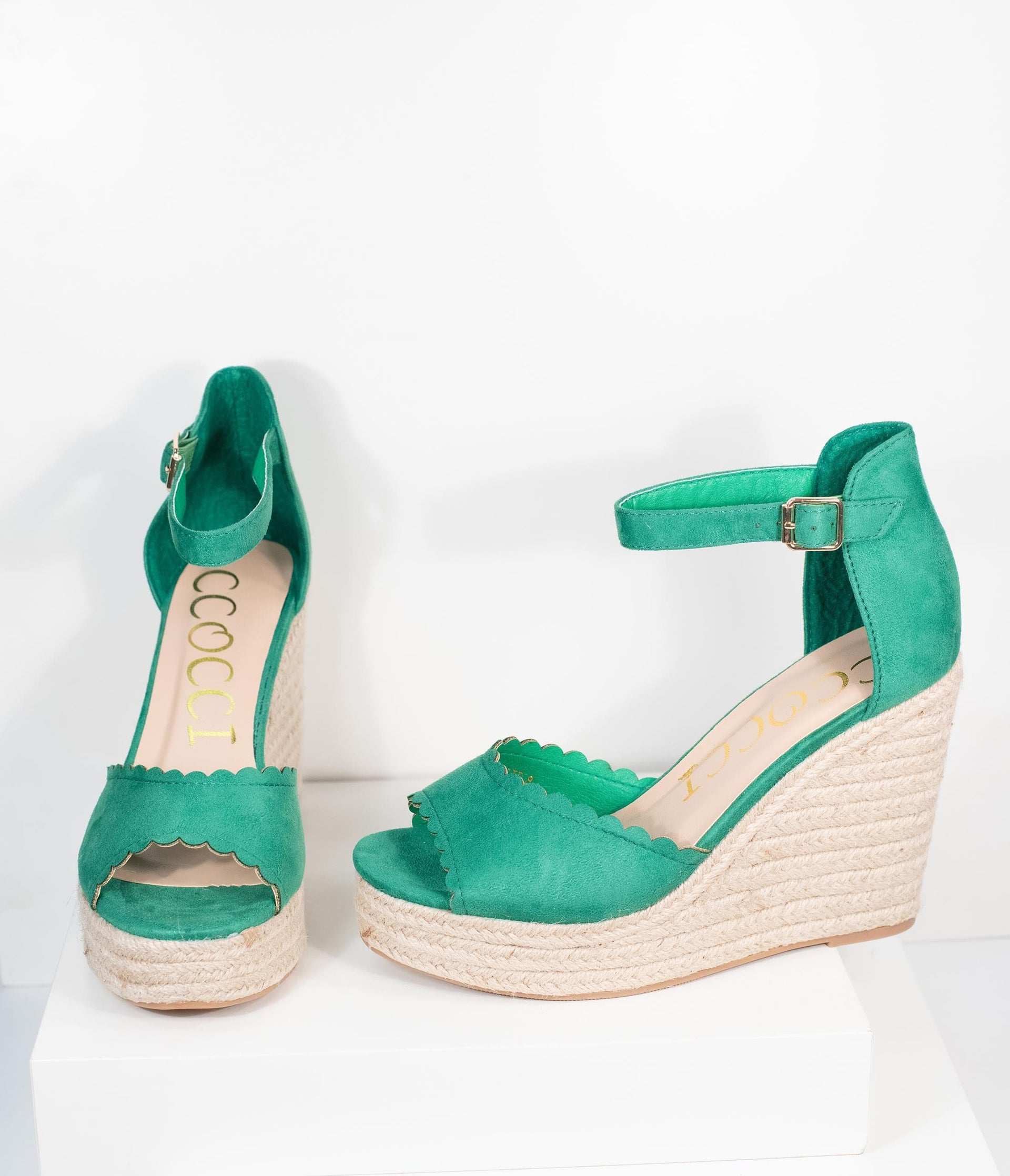 Emerald Suede Peep Toe Espadrille Wedges - Unique Vintage - Womens, SHOES, SANDALS