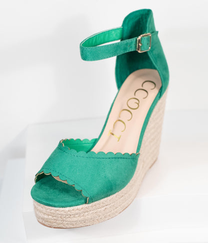 Emerald Suede Peep Toe Espadrille Wedges - Unique Vintage - Womens, SHOES, SANDALS