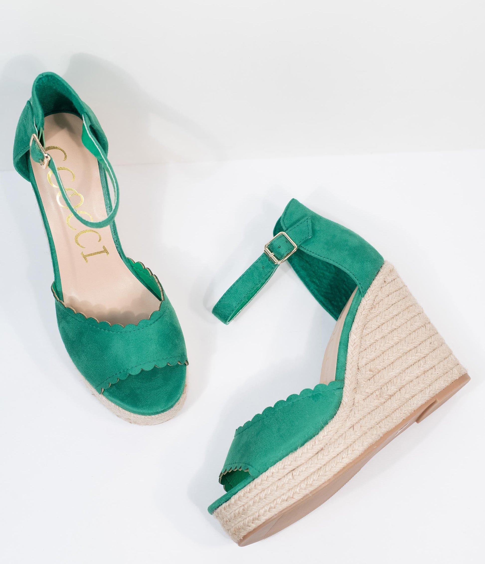 Emerald Suede Peep Toe Espadrille Wedges - Unique Vintage - Womens, SHOES, SANDALS