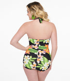 Esther Williams 1950s Black Tropical Print One Piece Swimsuit - Unique Vintage - Womens, SWIM, 1 PC