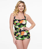 Esther Williams 1950s Black Tropical Print One Piece Swimsuit - Unique Vintage - Womens, SWIM, 1 PC