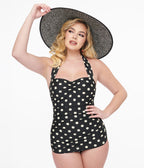 Esther Williams 1950s Black & White Polka Dot One Piece Swimsuit - Unique Vintage - Womens, SWIM, 1 PC