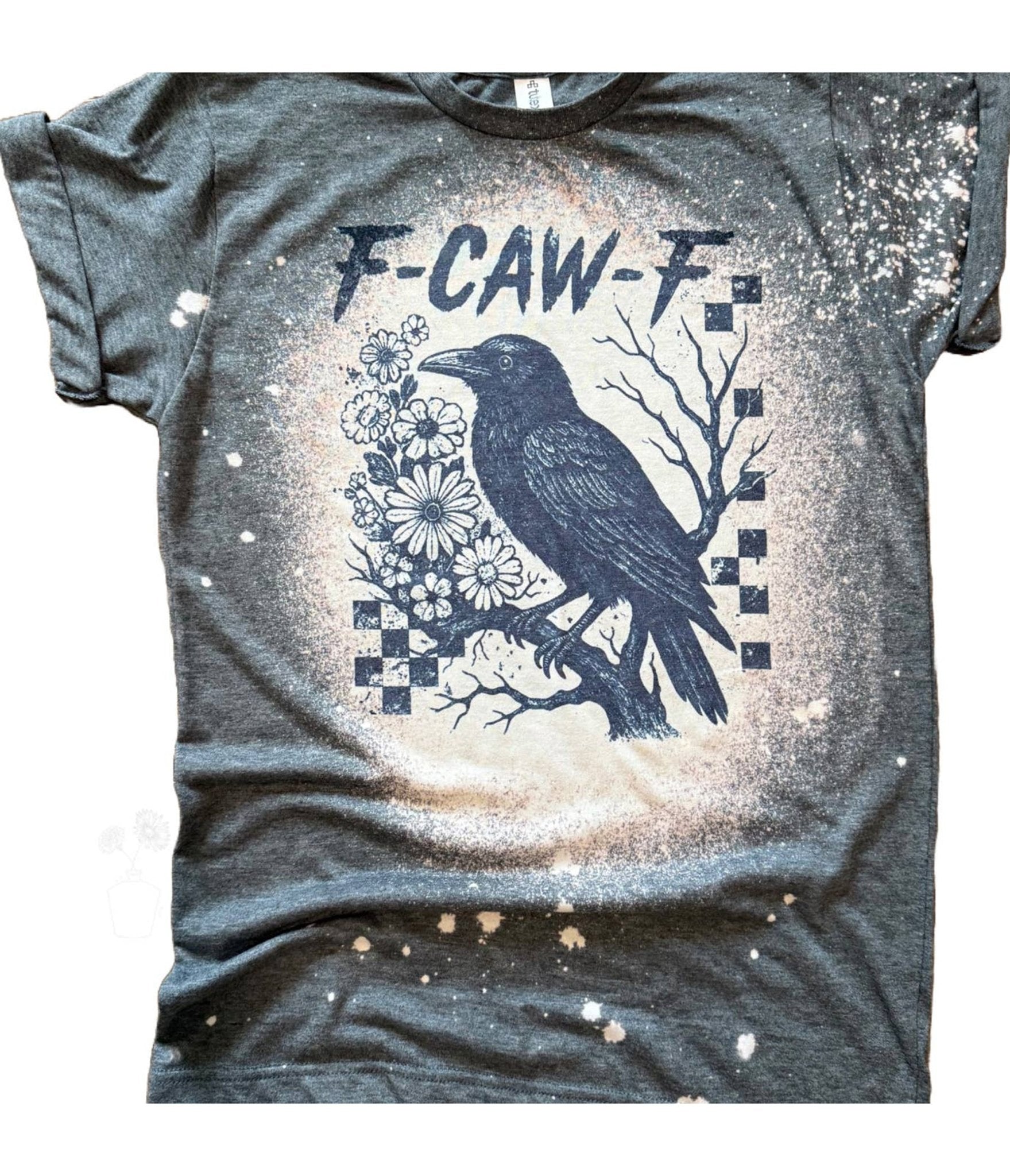 F - Caw - F Raven Bleached Unisex Graphic Tee - Unique Vintage - Womens, GRAPHIC TEES, TEES