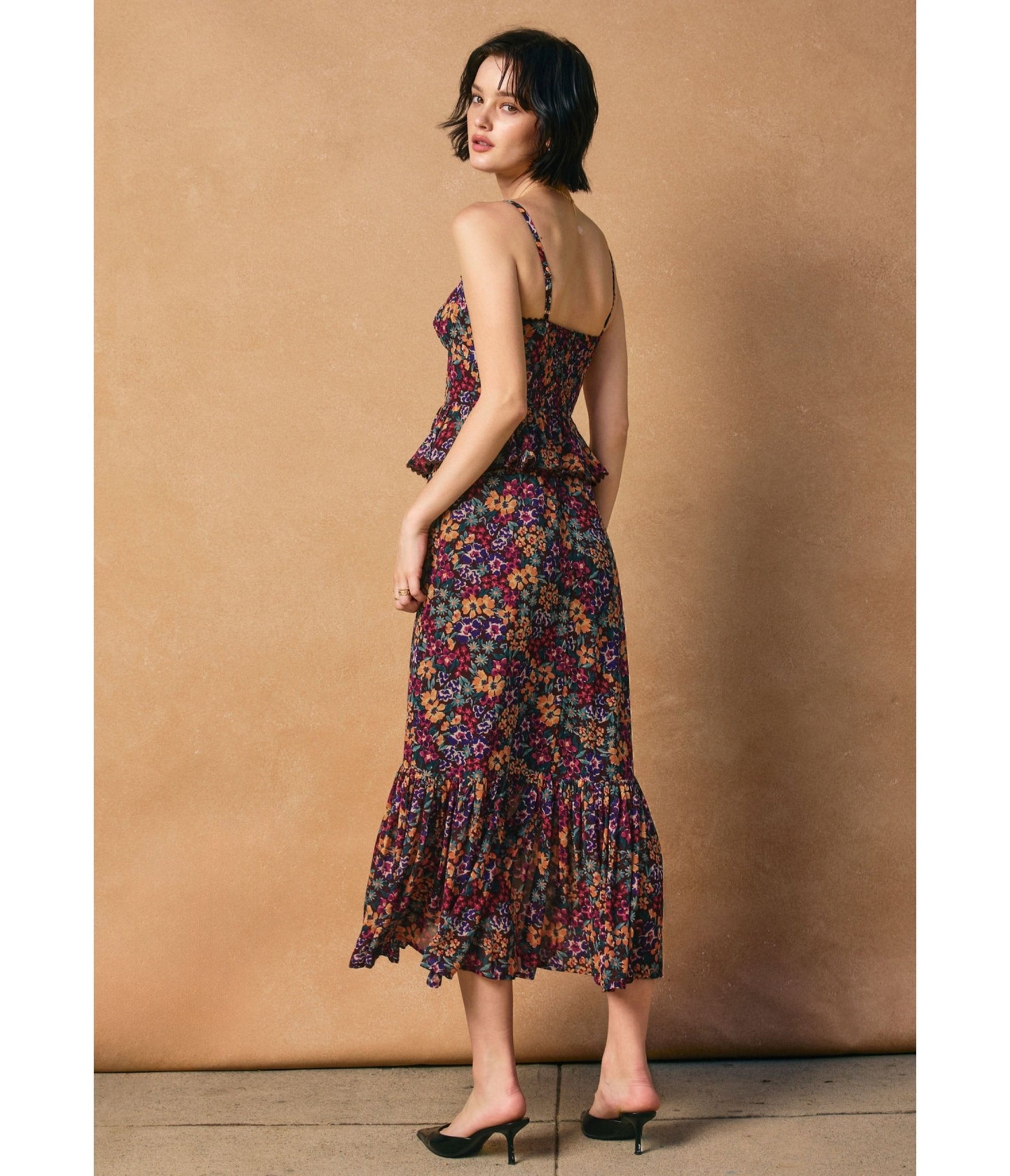 Fall Floral Ruffle Midi Dress - Unique Vintage - 