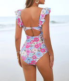 Floral Cutout Ruffle One Piece Swimsuit - Unique Vintage - Womens, SWIM, 1 PC