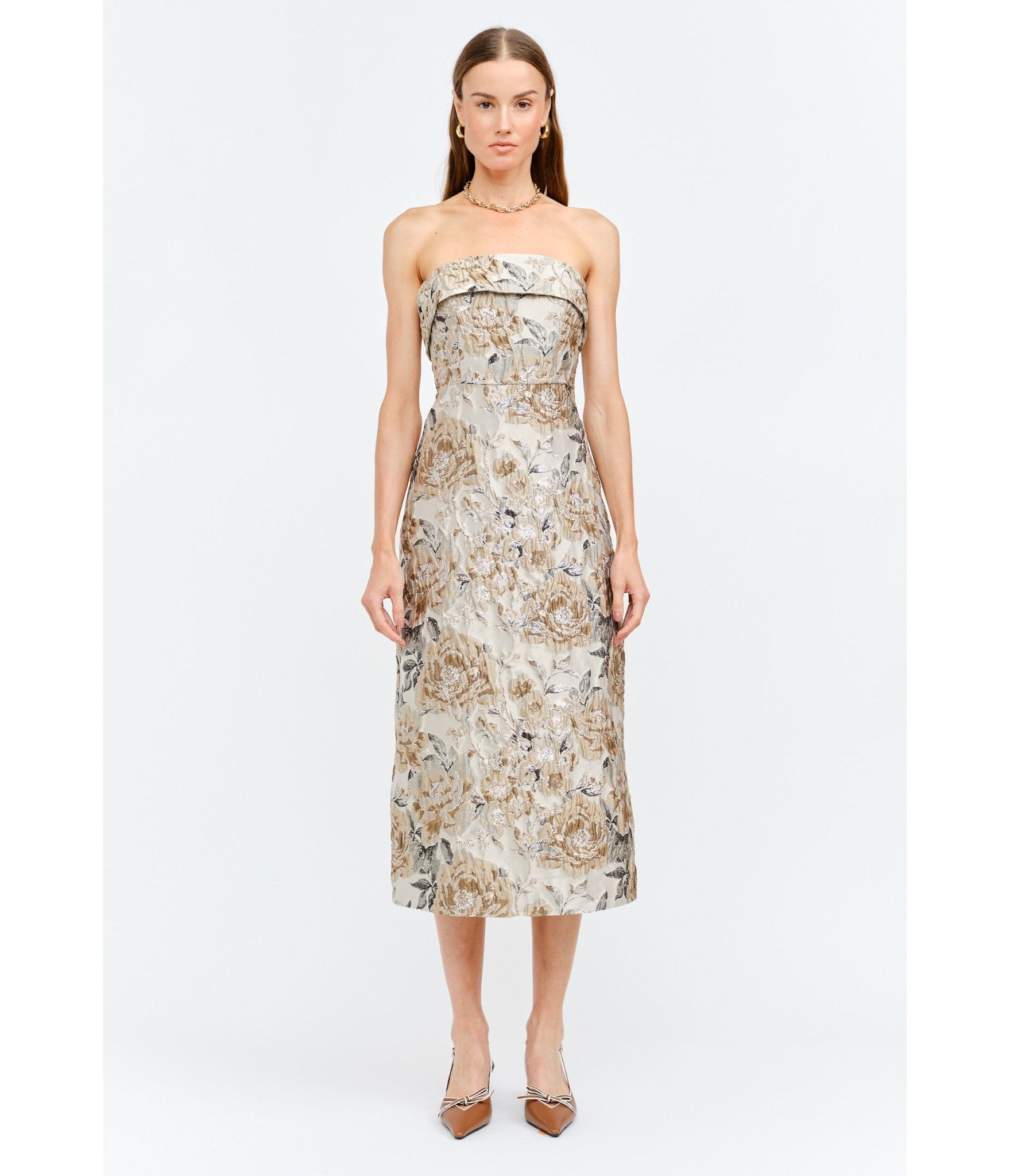 Floral Jacquard Strapless Midi Dress – Unique Vintage Floral Jacquard Strapless Midi Dress – Unique Vintage