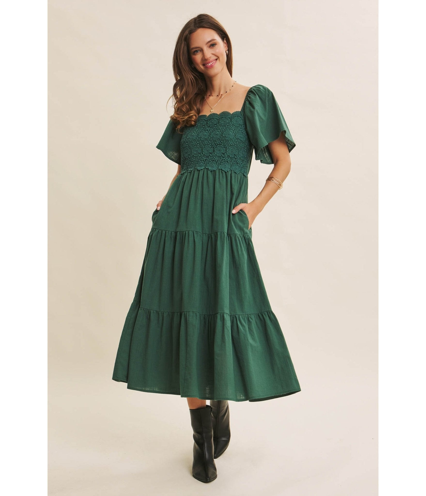 Forest Green Tiered Midi Dress - Unique Vintage - Womens, DRESSES, MIDI