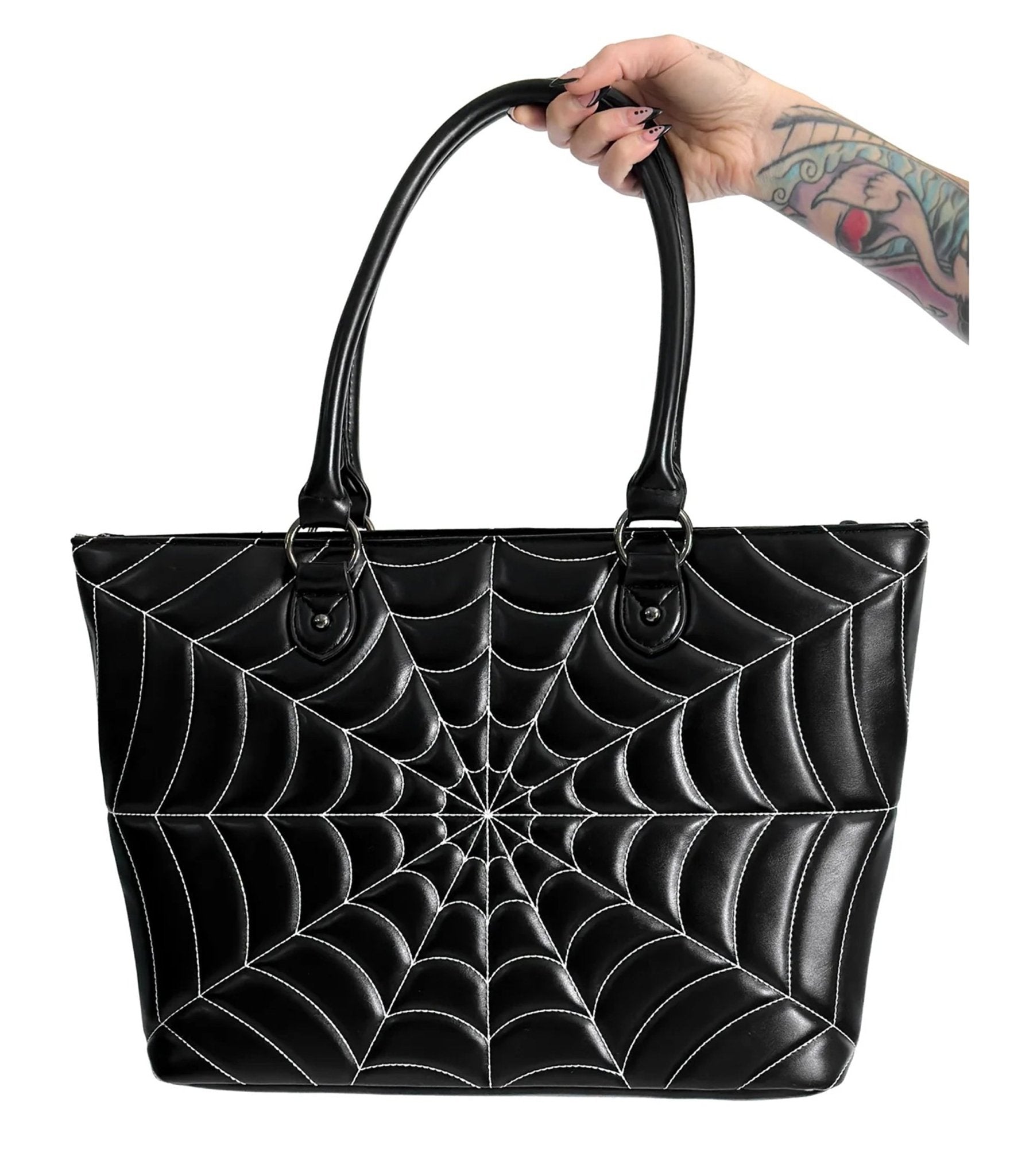Foxblood Black Faux Leather Spiderweb Tote Bag - Unique Vintage - Womens, ACCESSORIES, HANDBAGS