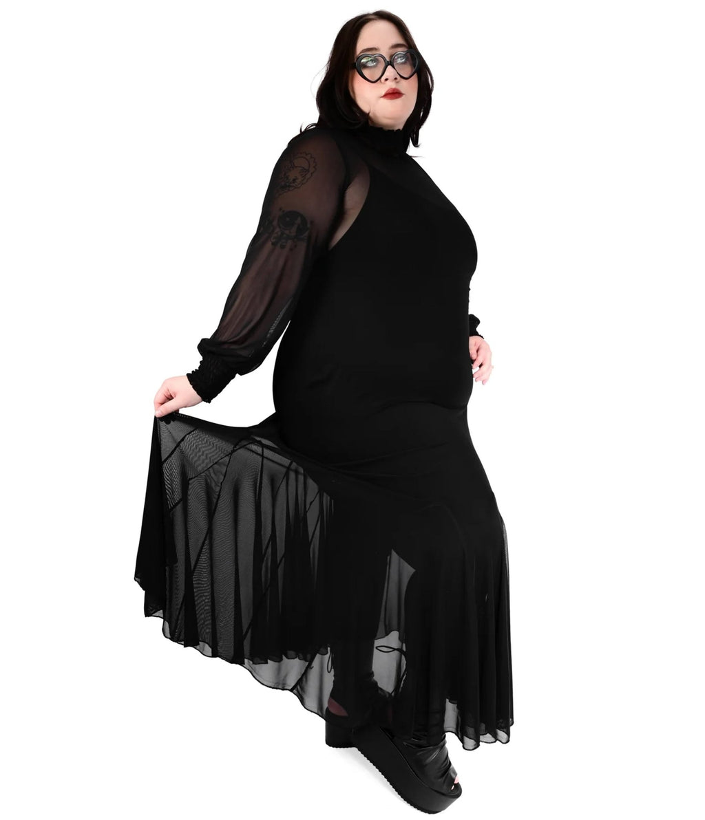 Foxblood Black Sheer Mess Long Sleeve Mary Maxi Dress - Unique Vintage - Womens, DRESSES, MAXI