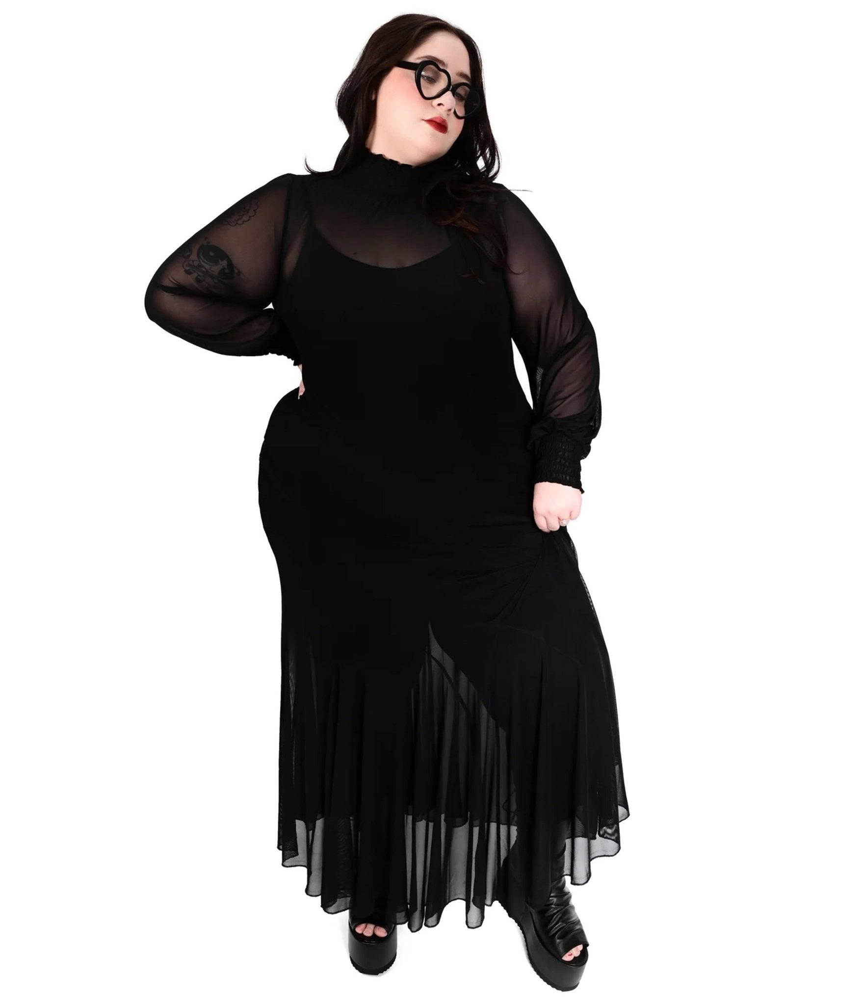 Foxblood Black Sheer Mess Long Sleeve Mary Maxi Dress - Unique Vintage - Womens, DRESSES, MAXI