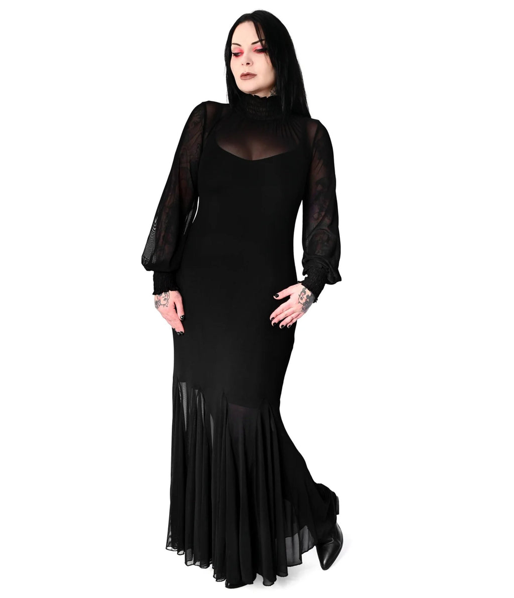 Foxblood Black Sheer Mess Long Sleeve Mary Maxi Dress - Unique Vintage - Womens, DRESSES, MAXI