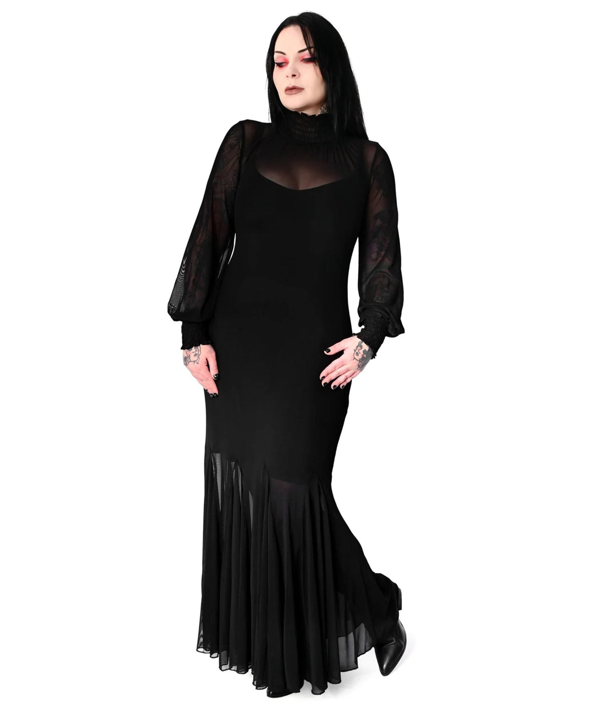 Foxblood Black Sheer Mess Long Sleeve Mary Maxi Dress - Unique Vintage - Womens, DRESSES, MAXI