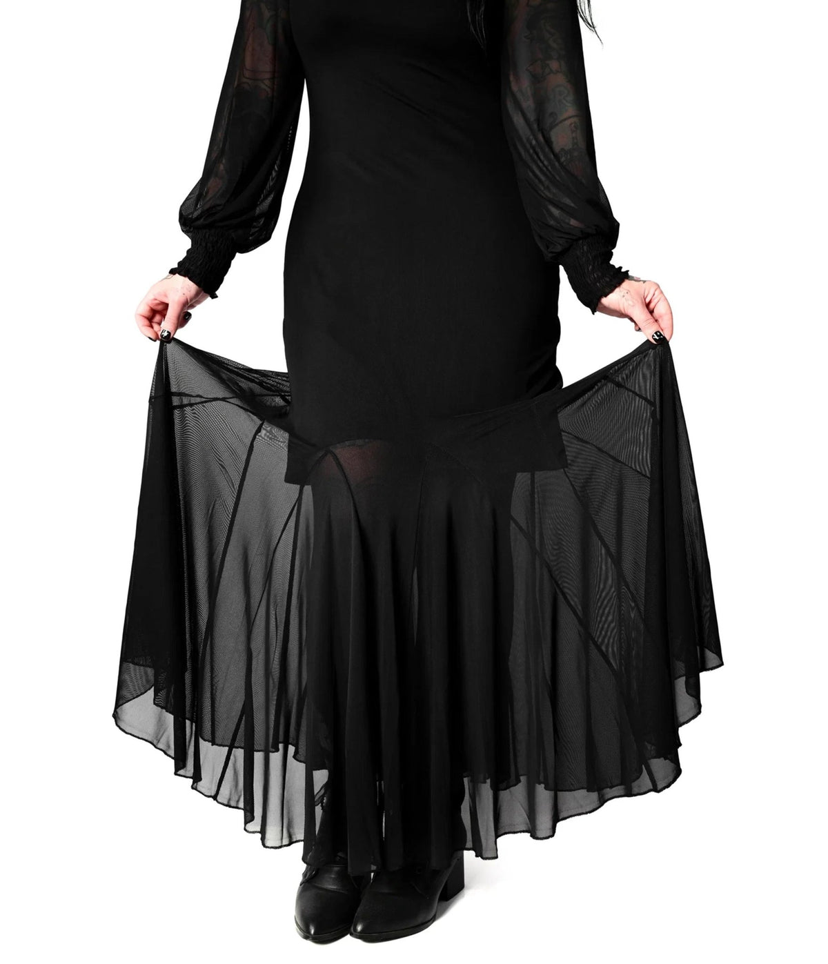 Foxblood Black Sheer Mess Long Sleeve Mary Maxi Dress - Unique Vintage - Womens, DRESSES, MAXI