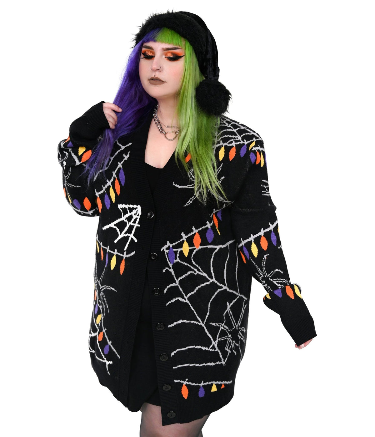 Foxblood Black Spiderweb Holiday Lights Long Open Cardigan - Unique Vintage - Cardigans