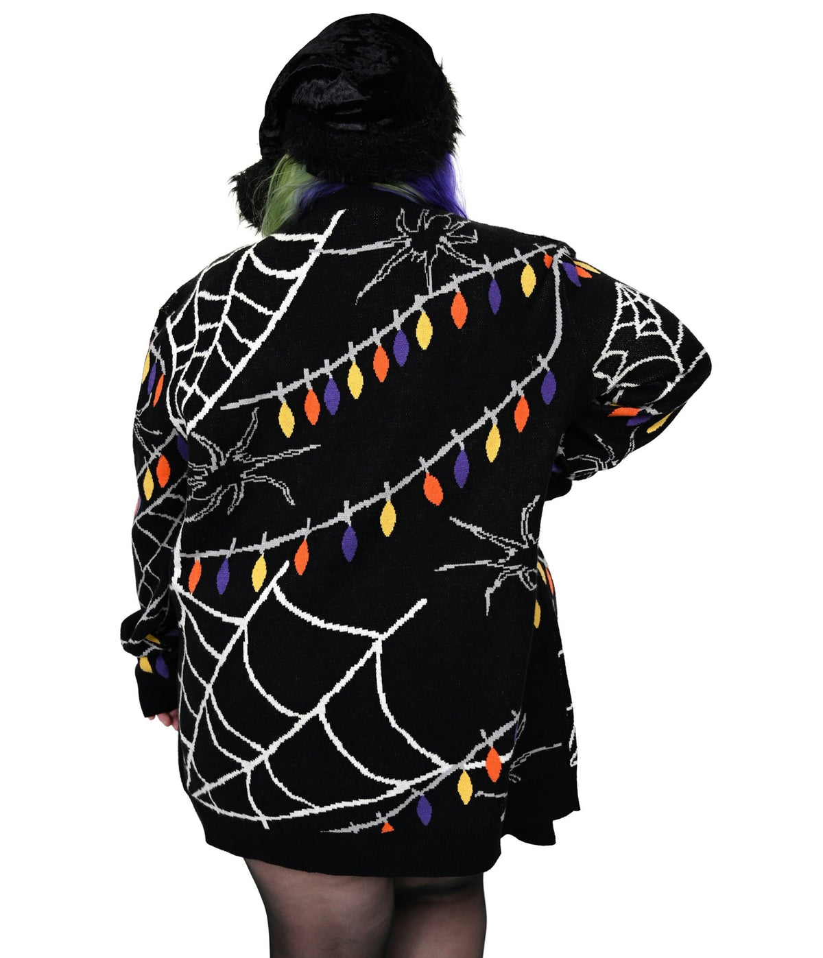 Foxblood Black Spiderweb Holiday Lights Long Open Cardigan - Unique Vintage - Cardigans