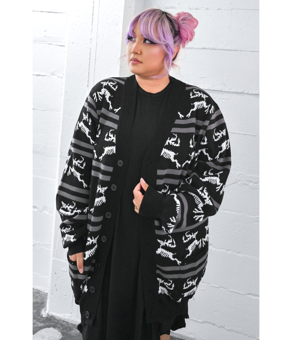 Foxblood Black Undead Reindeer Long Open Cardigan - Unique Vintage - Cardigans