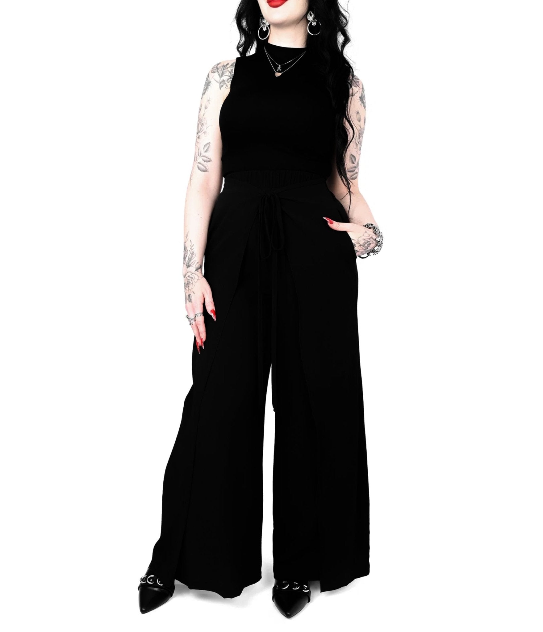Foxblood Black Wrap Front Wide Leg Pants - Unique Vintage - Womens, BOTTOMS, PANTS