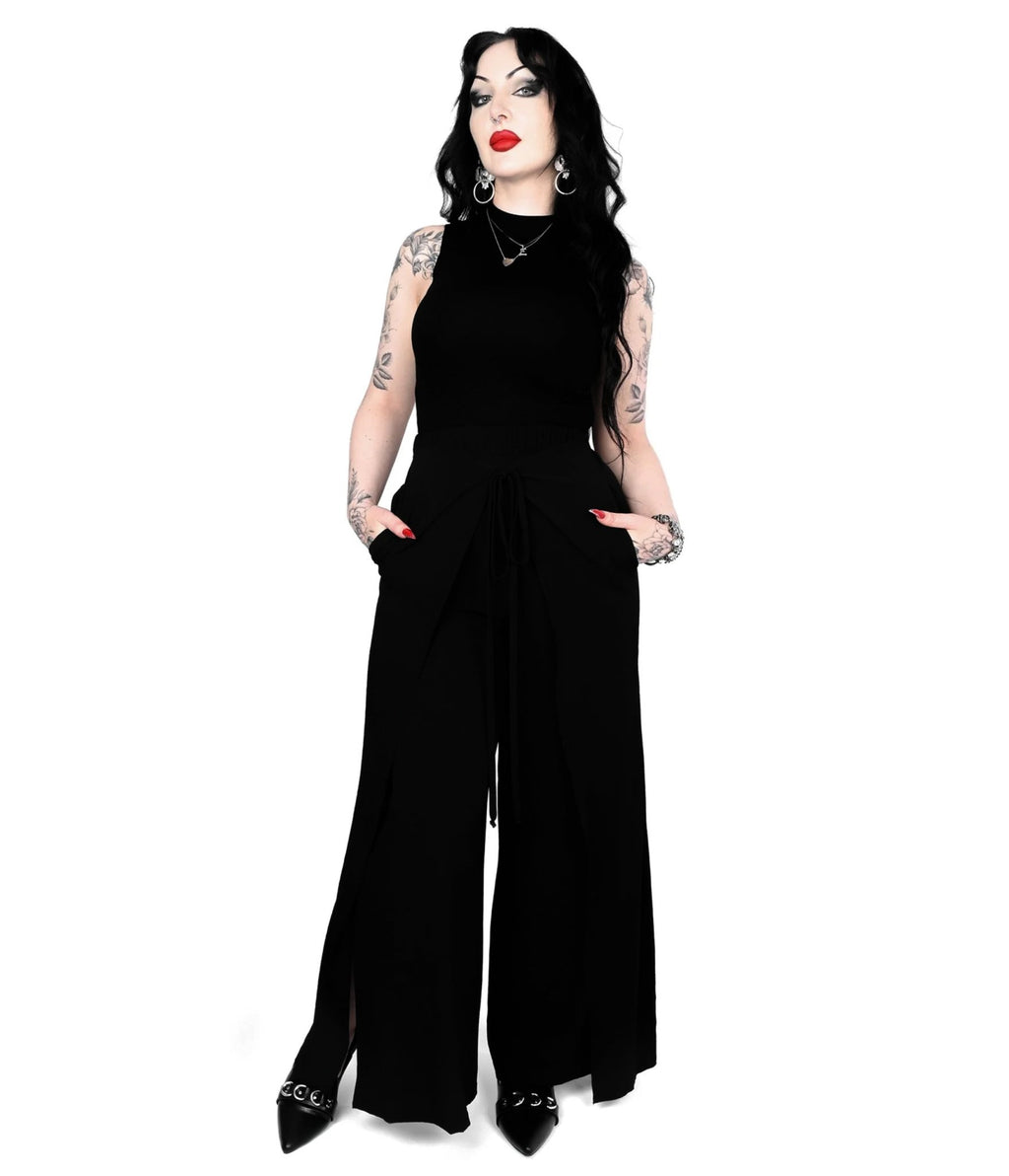 Foxblood Black Wrap Front Wide Leg Pants - Unique Vintage - Womens, BOTTOMS, PANTS