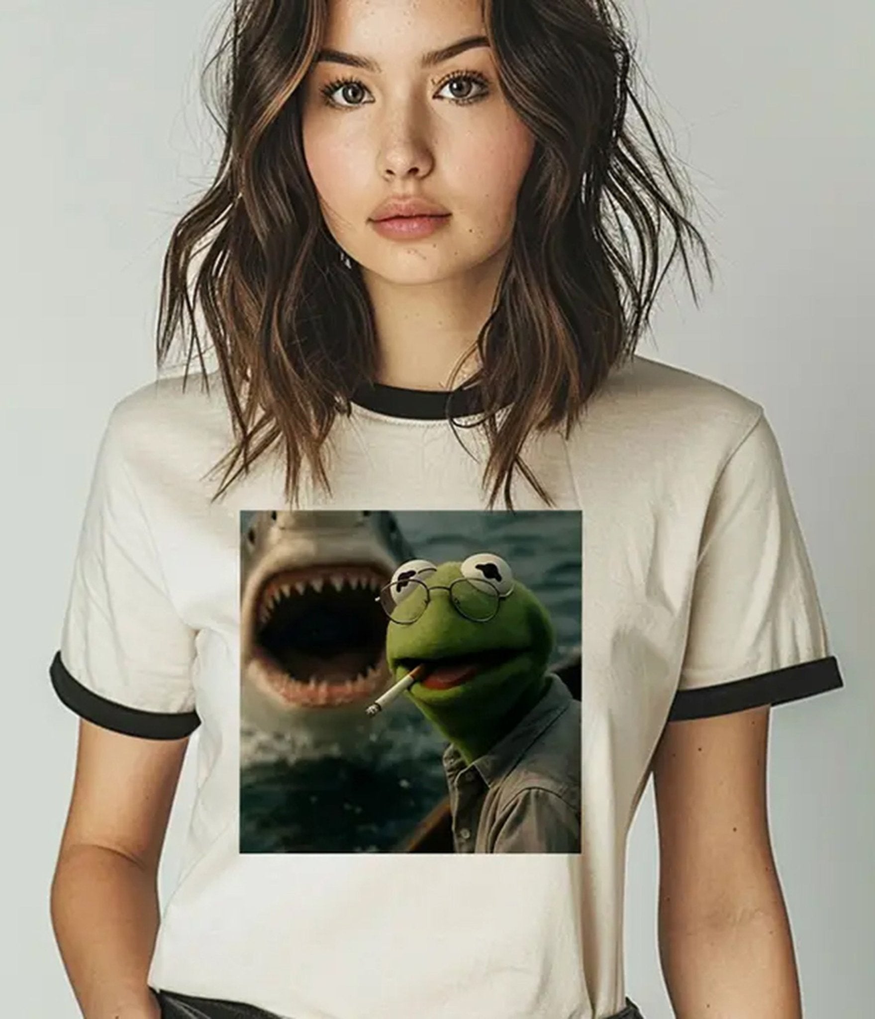 Frog & Shark Unisex Ringer Graphic Tee - Unique Vintage - Womens, GRAPHIC TEES, TEES