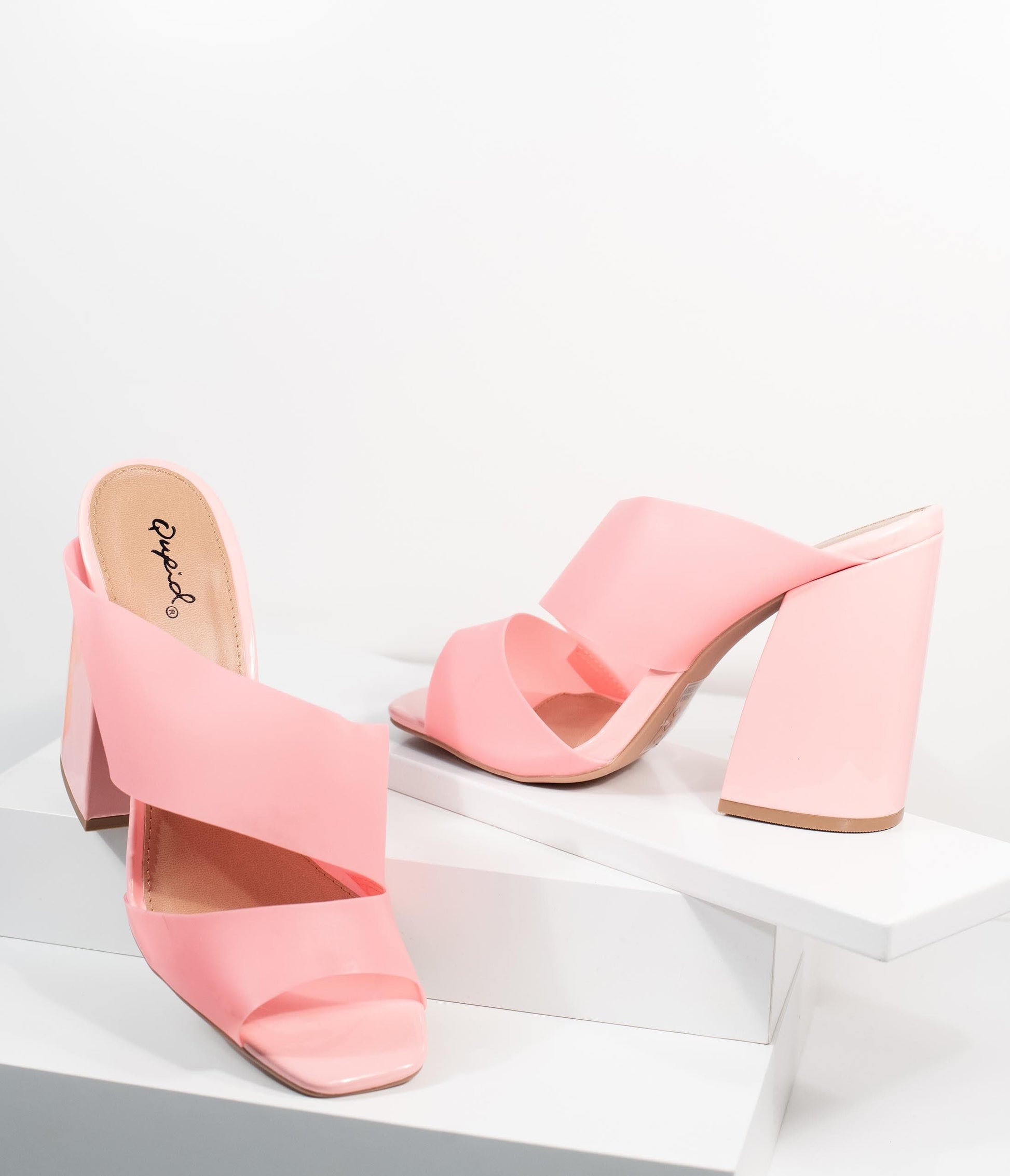 Frosted Pink Vinyl Peep Toe Mule Heels - Unique Vintage - Womens, SHOES, HEELS